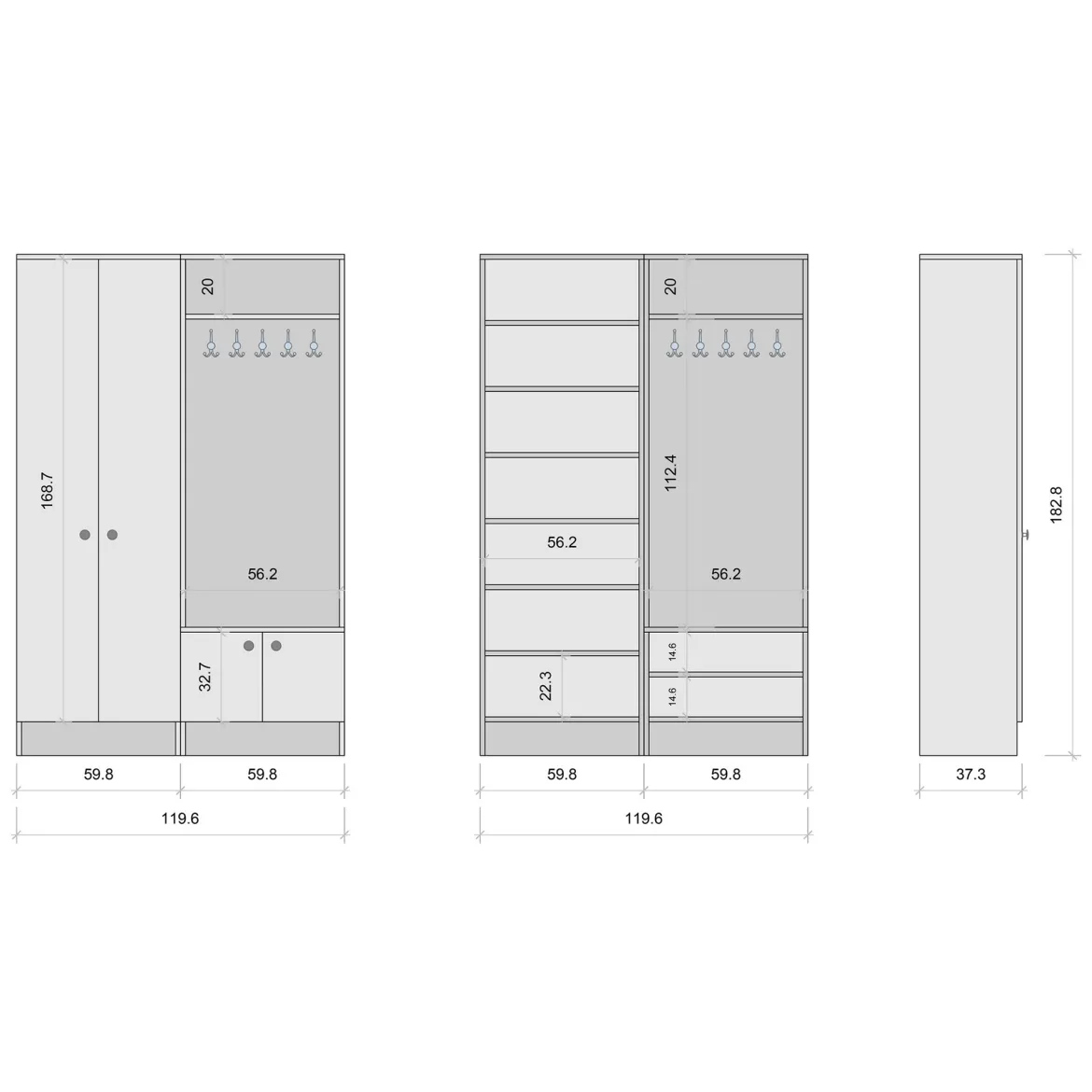 Mobile da Ingresso Bianco Nero 5 Ripiani Appendiabiti 120x37x183h cm, 4 Ante - Grue