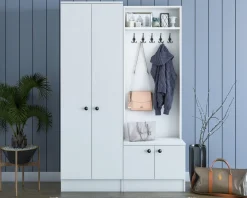 Mobile da Ingresso Bianco Nero 5 Ripiani Appendiabiti 120x37x183h cm, 4 Ante - Grue