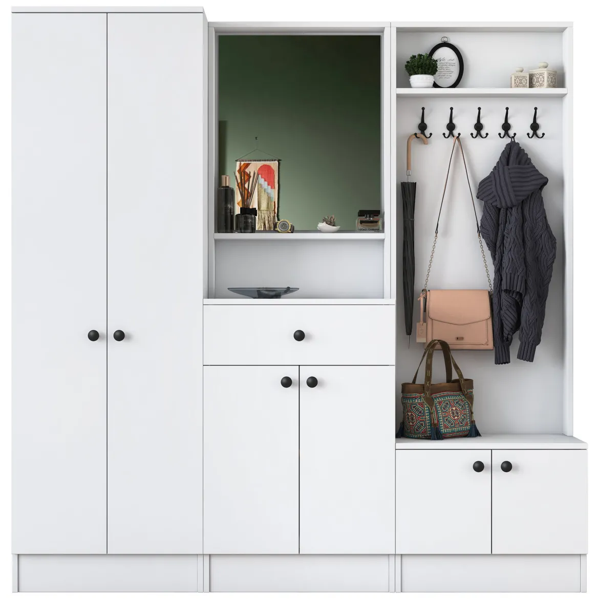 Mobile da Ingresso Bianco Nero Specchio Incluso Appendiabiti 179x37x183h cm, 11 Ripiani - Manzano