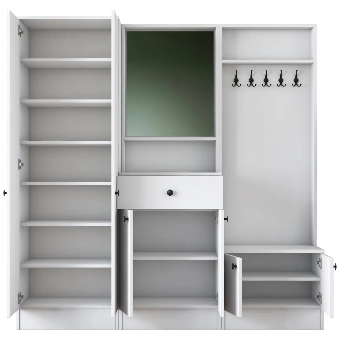 Mobile da Ingresso Bianco Nero Specchio Incluso Appendiabiti 179x37x183h cm, 11 Ripiani - Manzano