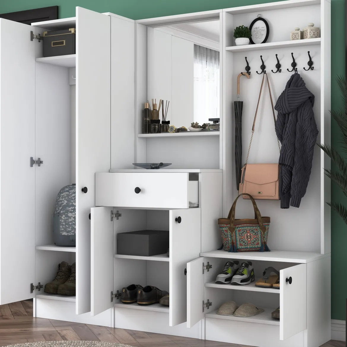 Mobile da Ingresso Bianco Nero Specchio Incluso Appendiabiti 179x37x183h cm, 7 Ripiani - Manzano