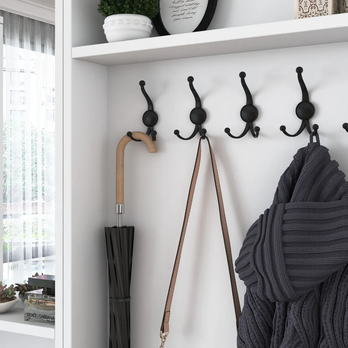 Mobile da Ingresso Bianco Nero Specchio Incluso Appendiabiti 179x37x183h cm, 7 Ripiani - Manzano