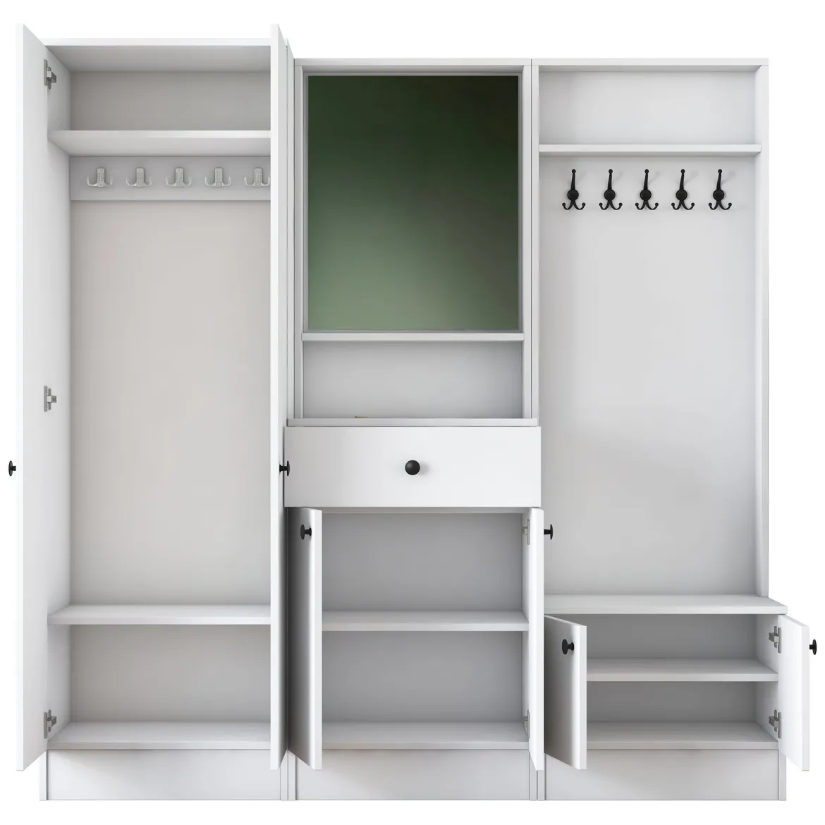 Mobile da Ingresso Bianco Nero Specchio Incluso Appendiabiti 179x37x183h cm, 7 Ripiani - Manzano