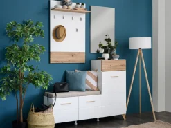 Mobile da Ingresso Bianco Opaco Marrone Rovere Nodi Specchio Incluso un Cassetto 141x35x189.5h cm, 6 Ripiani - Longa