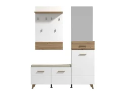 Mobile da Ingresso Bianco Opaco Marrone Rovere Nodi Specchio Incluso un Cassetto 141x35x189.5h cm, 6 Ripiani - Longa