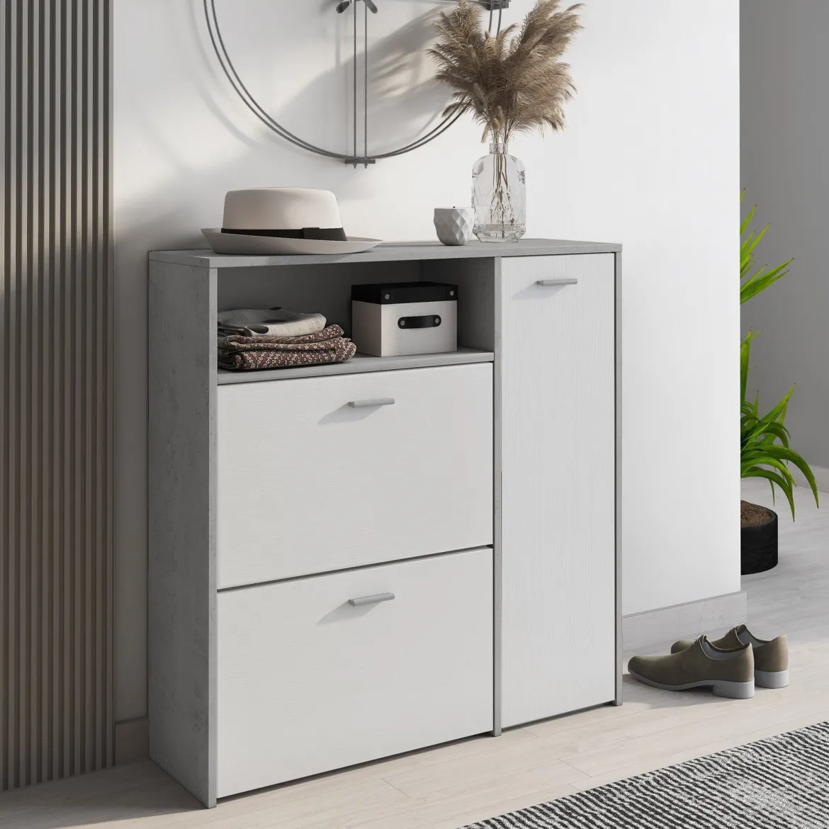 Mobile da Ingresso Grigio Cemento Bianco 04-mag Paia 3 Ripiani 91.5x26.6x94h cm, 3 Ante - Scultore