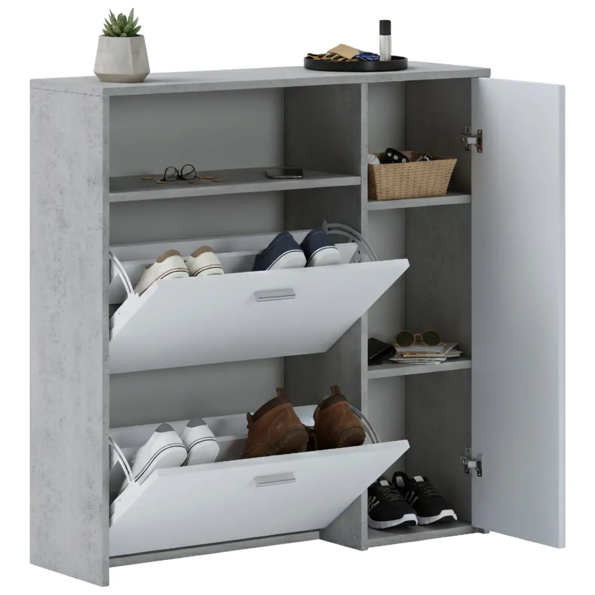 Mobile da Ingresso Grigio Cemento Bianco 04-mag Paia 3 Ripiani 91.5x26.6x94h cm, 3 Ante - Scultore