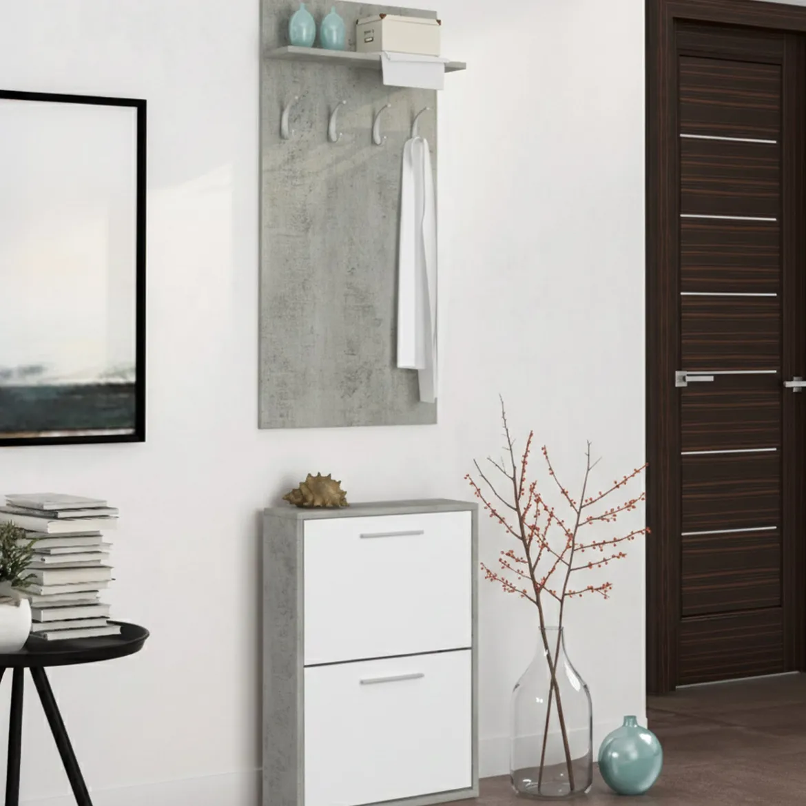 Mobile da Ingresso Grigio Cemento Bianco Specchio Incluso Paia 61x28x186h cm, un Cassetto - Candiolo