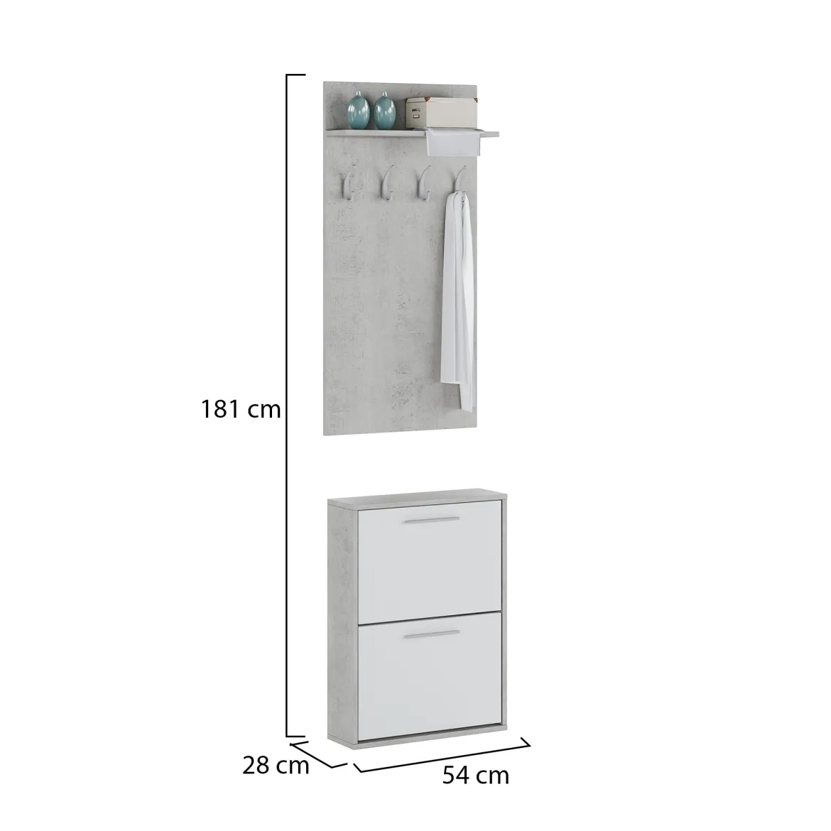 Mobile da Ingresso Grigio Cemento Bianco Specchio Incluso Paia 61x28x186h cm, un Cassetto - Candiolo