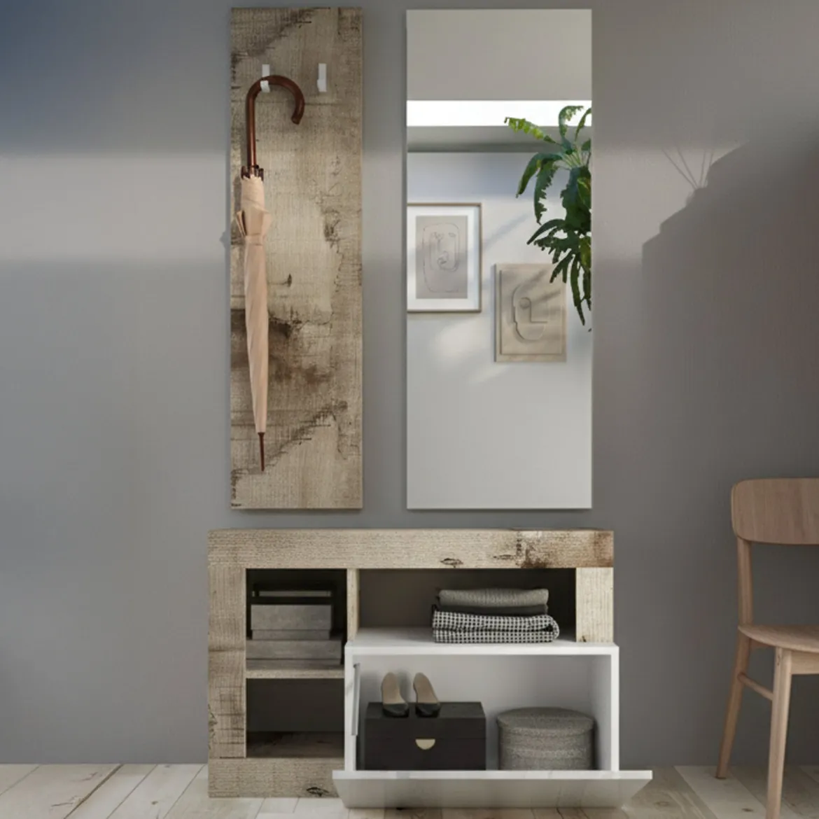 Mobile da Ingresso Marrone Lucido Bianco Pero Specchio Incluso Appendiabiti 90.5x36x170h cm, 4 Paia - Casalino