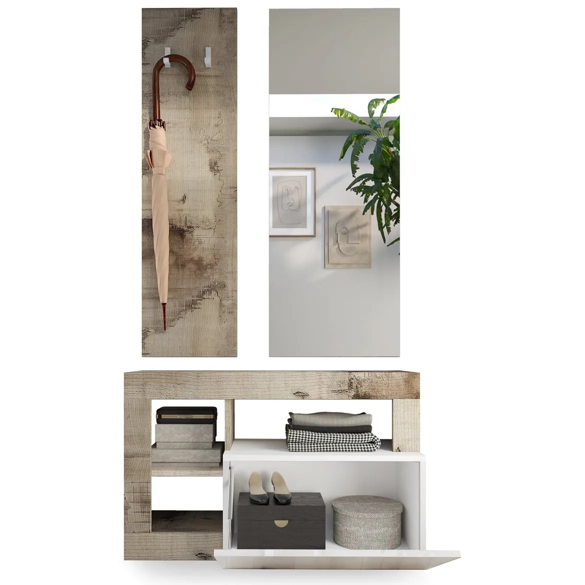 Mobile da Ingresso Marrone Lucido Bianco Pero Specchio Incluso Appendiabiti 90.5x36x170h cm, 4 Paia - Casalino