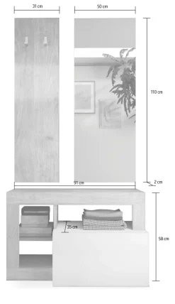 Mobile da Ingresso Marrone Lucido Bianco Pero Specchio Incluso Appendiabiti 90.5x36x170h cm, 4 Paia - Casalino