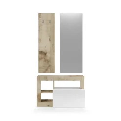 Mobile da Ingresso Marrone Lucido Bianco Pero Specchio Incluso Appendiabiti 90.5x36x170h cm, 4 Paia - Casalino