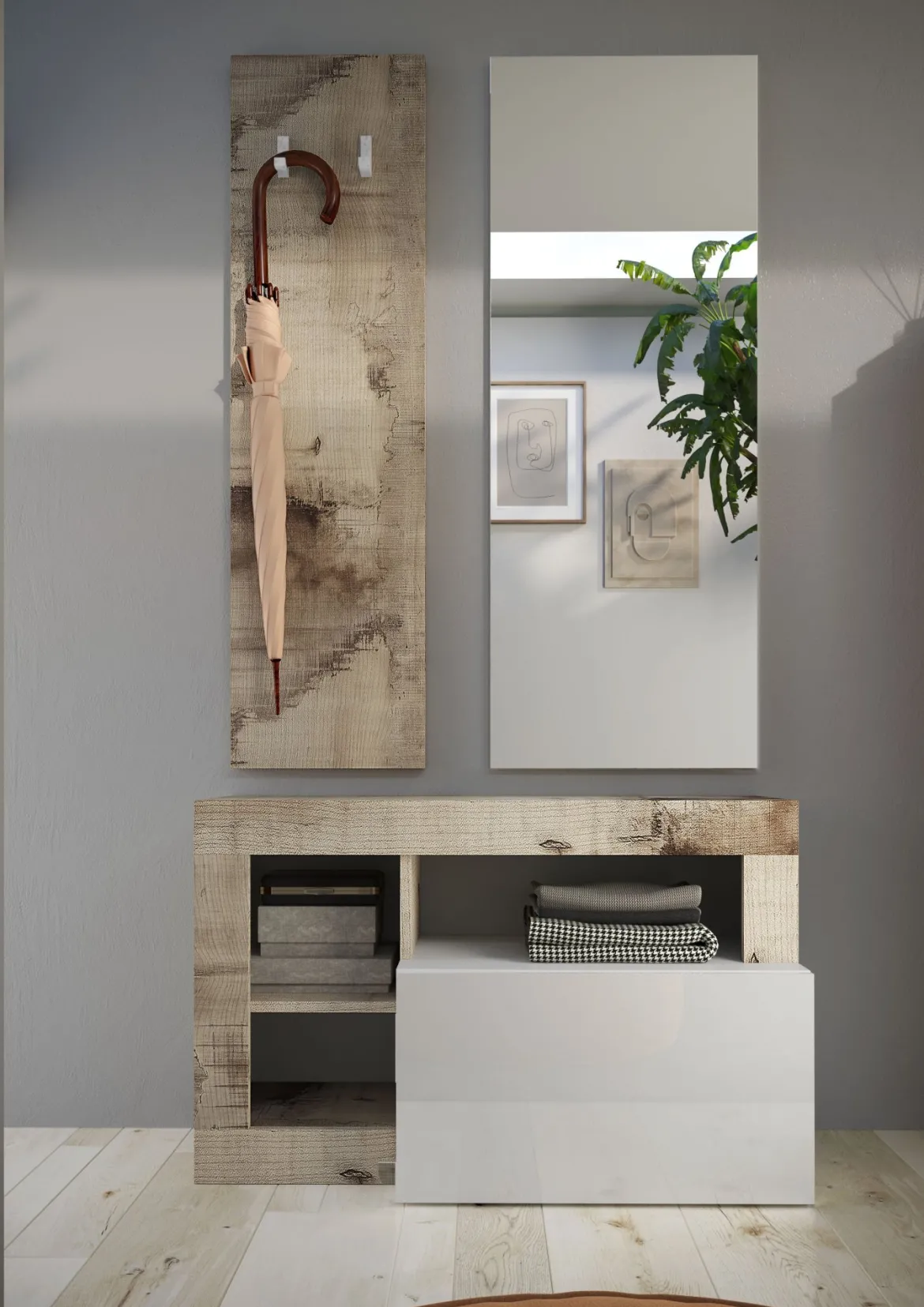 Mobile da Ingresso Marrone Lucido Bianco Pero Specchio Incluso Appendiabiti 90.5x36x170h cm, 4 Paia - Casalino