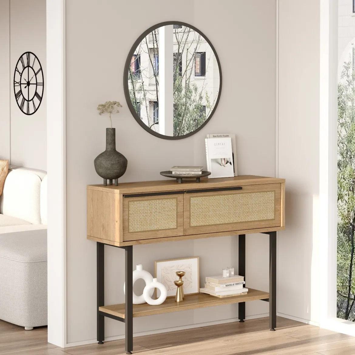 Mobile da Ingresso Marrone Rovere Beige Effetto paglia di Vienna 100x30x76h cm, 2 Ripiani - Recale