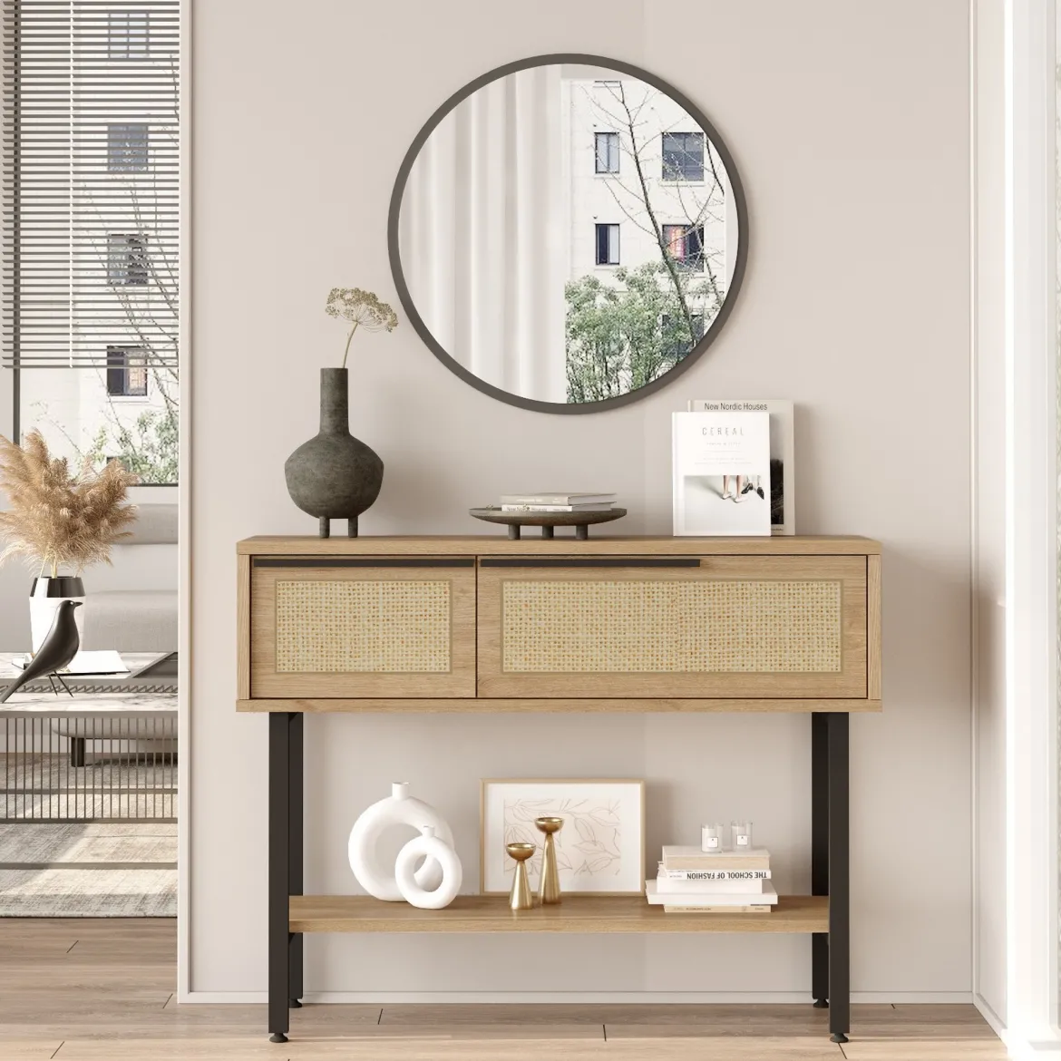Mobile da Ingresso Marrone Rovere Beige Effetto paglia di Vienna 100x30x76h cm, 2 Ripiani - Recale