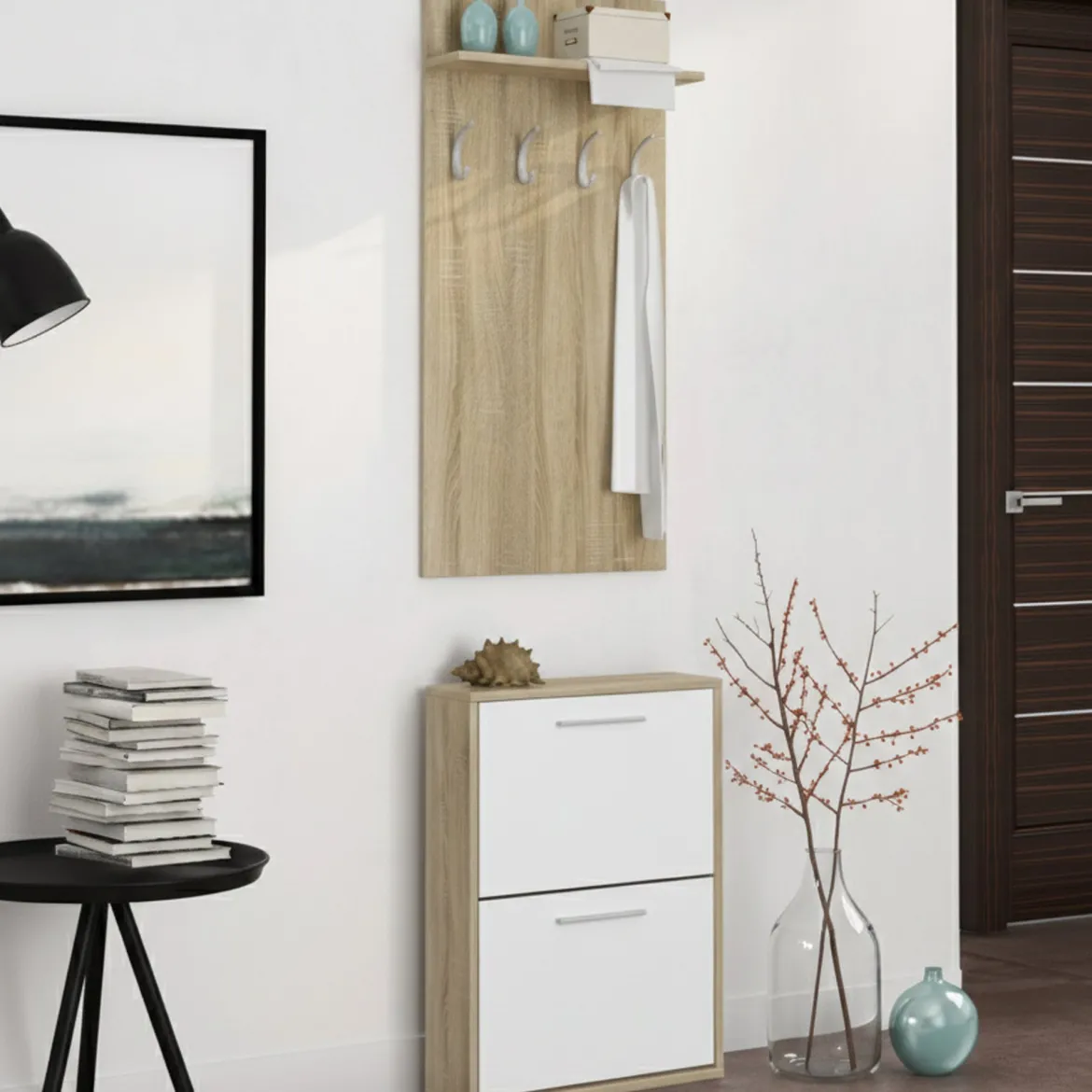 Mobile da Ingresso Marrone Rovere Bianco Specchio Incluso 12 Paia 120x25x192h cm, un Cassetto - Verres