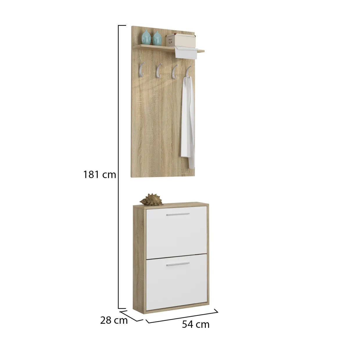 Mobile da Ingresso Marrone Rovere Bianco Specchio Incluso 12 Paia 120x25x192h cm, un Cassetto - Verres