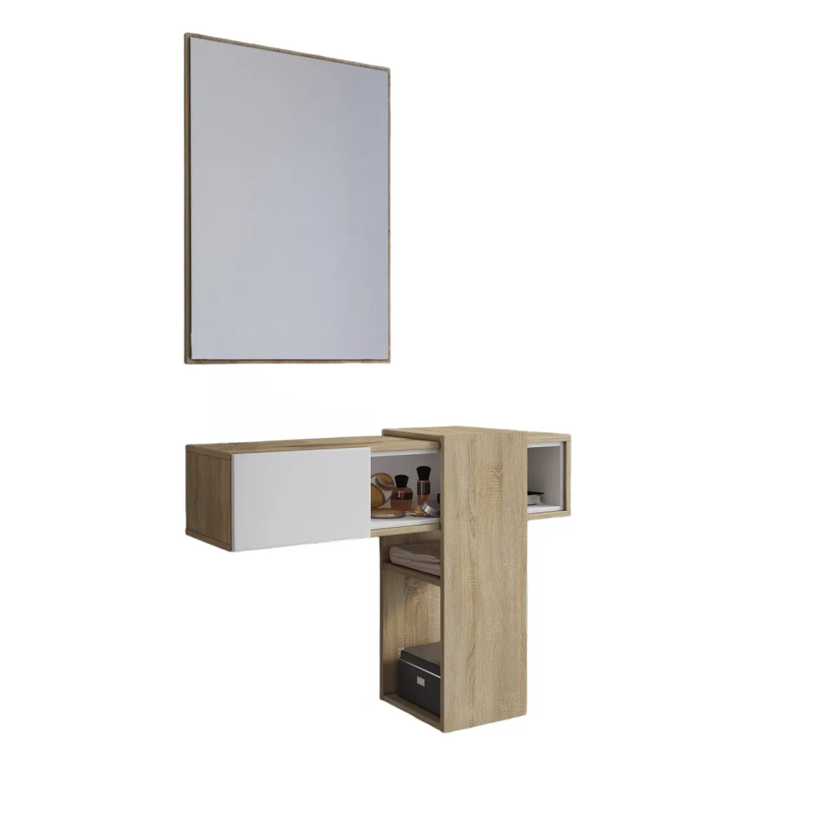 Mobile da Ingresso Marrone Rovere Chiaro Nero un Cassetto 2 Ripiani 51.5x35x98h cm, Un'anta - Trevi