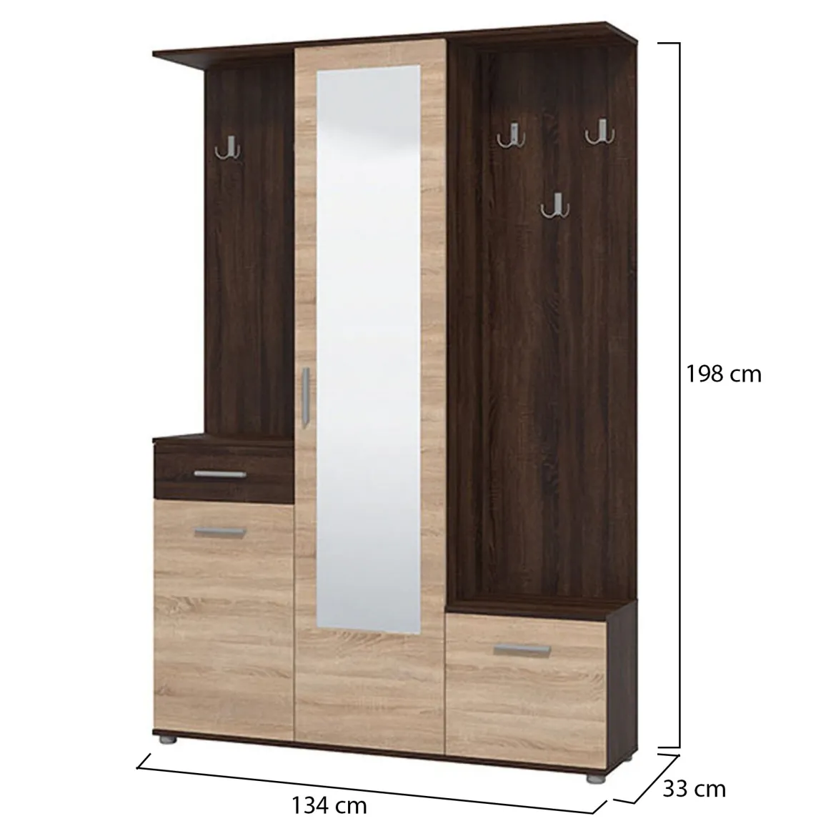 Mobile da Ingresso Marrone Rovere Marrone Noce Specchio Incluso un Cassetto 133.5x33x197.5h cm, 9 Ripiani - Volpara
