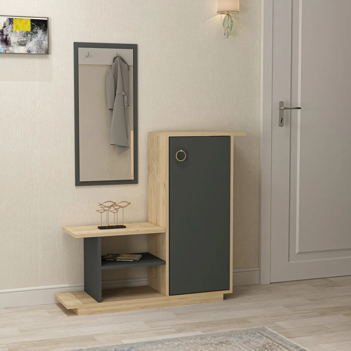Mobile da Ingresso Marrone Rovere Nero Antracite Specchio Incluso un Cassetto 49x31x90h cm, 3 Ripiani - Equense