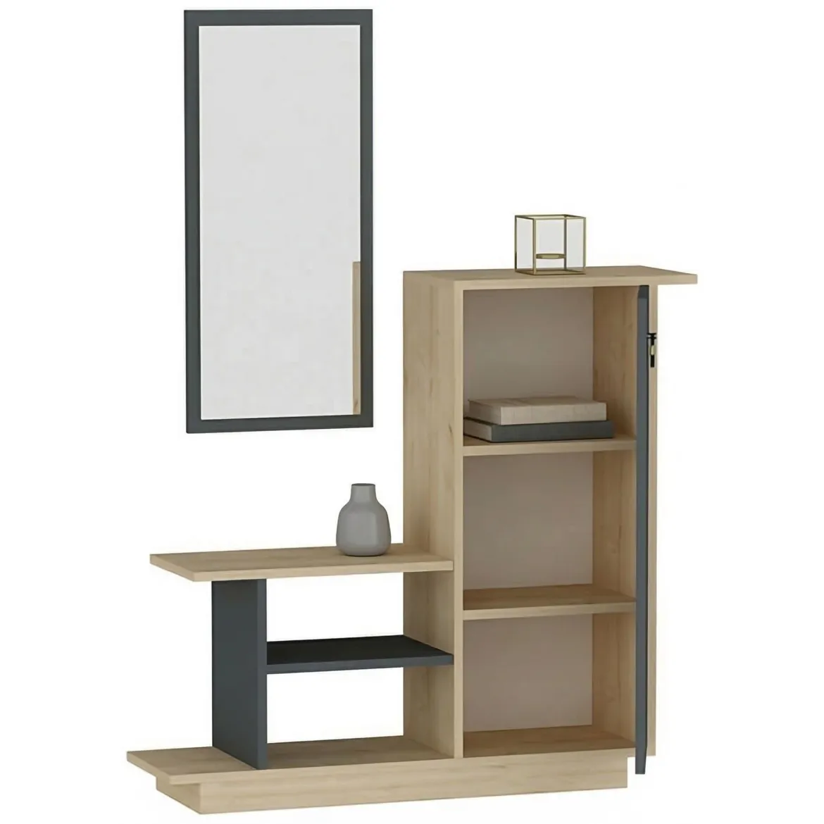 Mobile da Ingresso Marrone Rovere Nero Antracite Specchio Incluso un Cassetto 49x31x90h cm, 3 Ripiani - Equense
