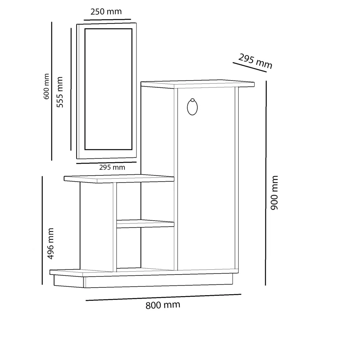 Mobile da Ingresso Marrone Rovere Nero Antracite Specchio Incluso un Cassetto 49x31x90h cm, 3 Ripiani - Equense