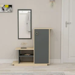 Mobile da Ingresso Marrone Rovere Nero Antracite Specchio Incluso un Cassetto 49x31x90h cm, 3 Ripiani - Equense