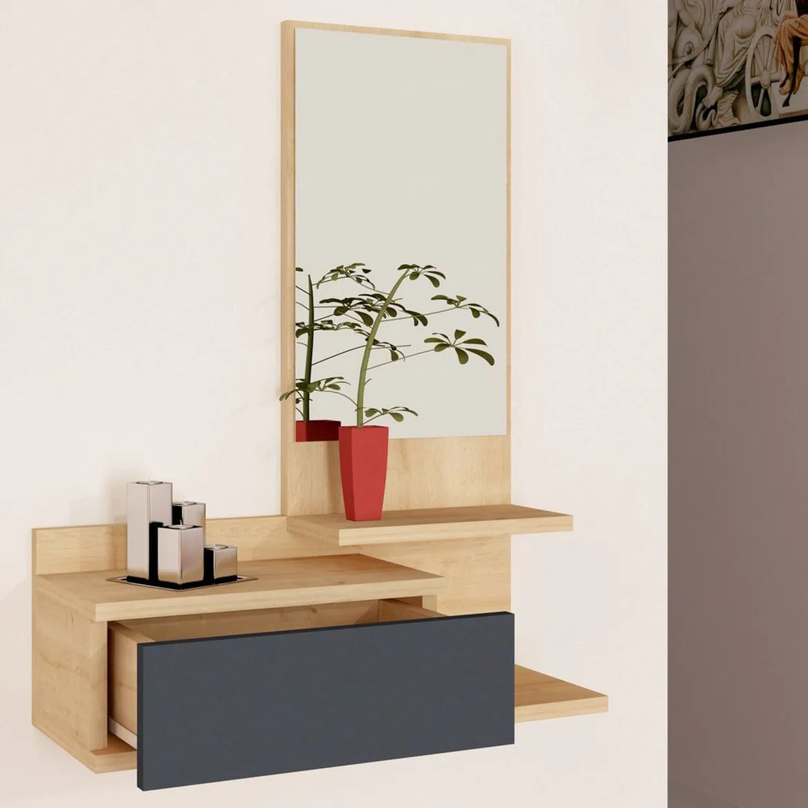 Mobile da Ingresso Marrone Rovere Nero Appendiabiti 2 Ripiani 113x35x49h cm, Apertura a Ribalta - Serina