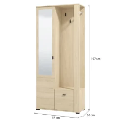 Mobile da Ingresso Marrone Rovere Nero Specchio Incluso 6 Ripiani 87x36x197h cm, Appendiabiti - Vique