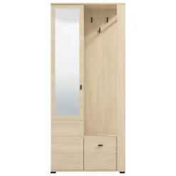 Mobile da Ingresso Marrone Rovere Nero Specchio Incluso 6 Ripiani 87x36x197h cm, Appendiabiti - Vique