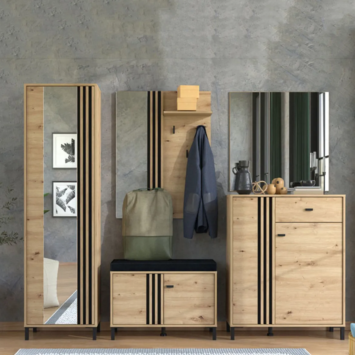 Mobile da Ingresso Marrone Rovere Nodi Grigio Scuro un Ripiano Apertura Battente 80x40x49h cm, 2 Ante - Pincara