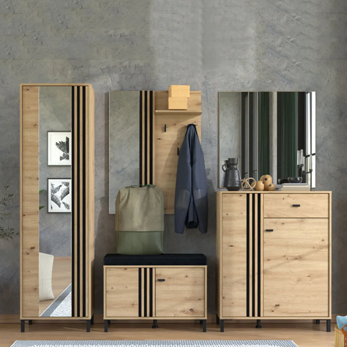 Mobile da Ingresso Marrone Rovere Nodi Nero Specchio Incluso 2 Ripiani 193x55x40h cm, Appendiabiti - Apia