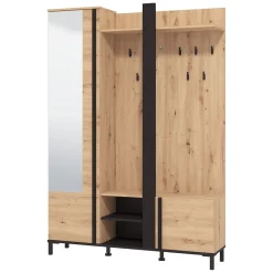 Mobile da Ingresso Marrone Rovere Nodi Nero Specchio Incluso 7 Ripiani 134.5x34.5x192.5h cm, Appendiabiti - Pandino