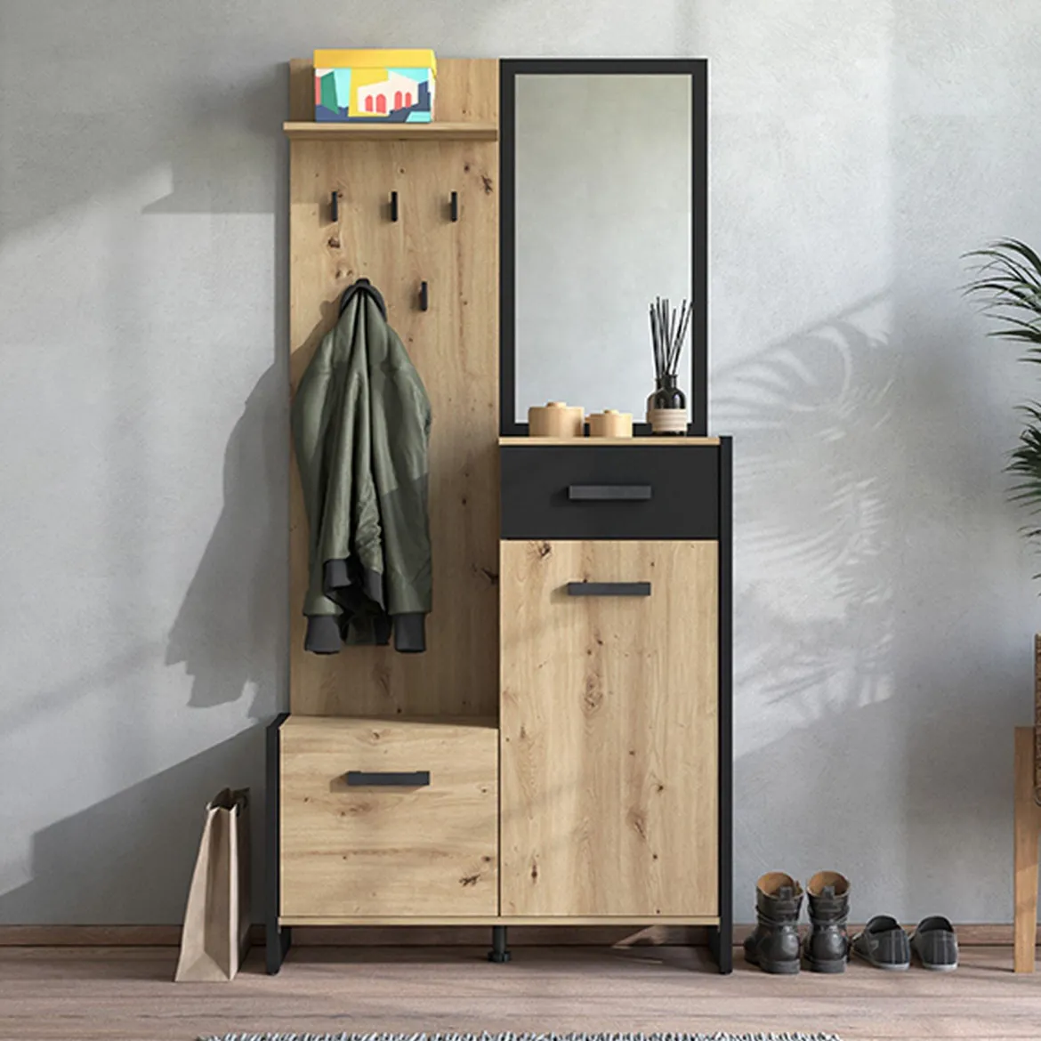 Mobile da Ingresso Marrone Rovere Nodi Nero Specchio Incluso un Ripiano 102x76x21h cm, Appendiabiti - Nuku