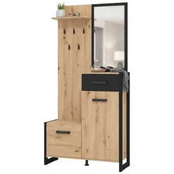 Mobile da Ingresso Marrone Rovere Nodi Nero Specchio Incluso un Ripiano 102x76x21h cm, Appendiabiti - Nuku