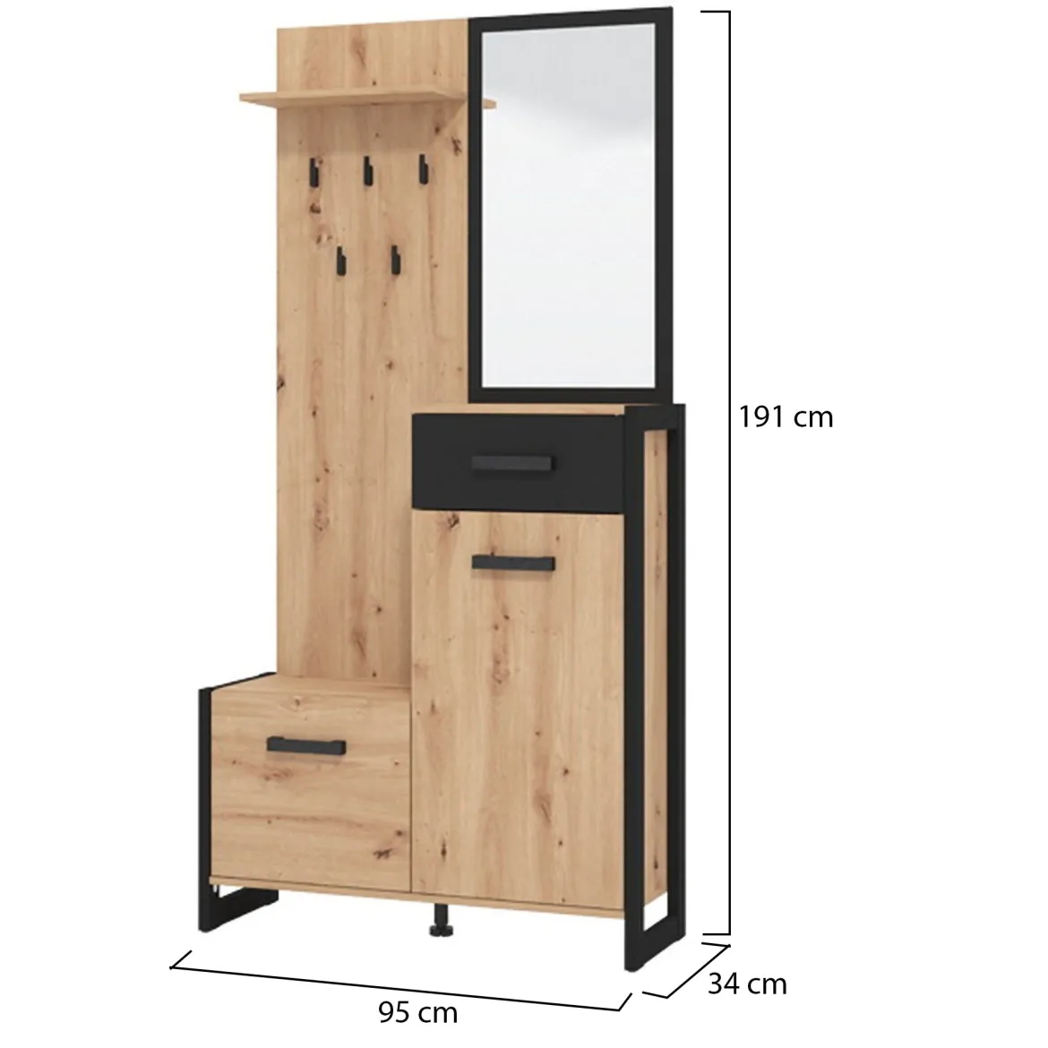Mobile da Ingresso Marrone Rovere Nodi Nero Specchio Incluso un Ripiano 102x76x21h cm, Appendiabiti - Nuku