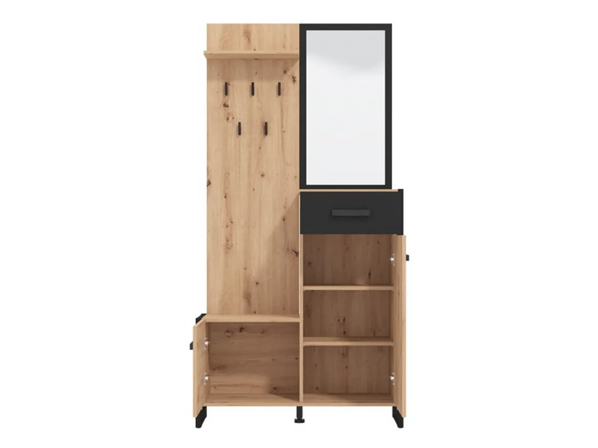 Mobile da Ingresso Marrone Rovere Nodi Nero Specchio Incluso un Ripiano 102x76x21h cm, Appendiabiti - Nuku
