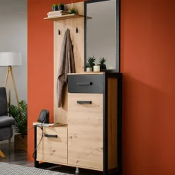 Mobile da Ingresso Marrone Rovere Nodi Nero Specchio Incluso un Ripiano 102x76x21h cm, Appendiabiti - Nuku