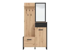 Mobile da Ingresso Marrone Rovere Nodi Nero Specchio Incluso un Ripiano 102x76x21h cm, Appendiabiti - Nuku