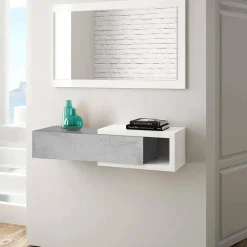 Mobile da ingresso moderno sospeso con cassetto bianco e cemento 95x19h cm - Arty