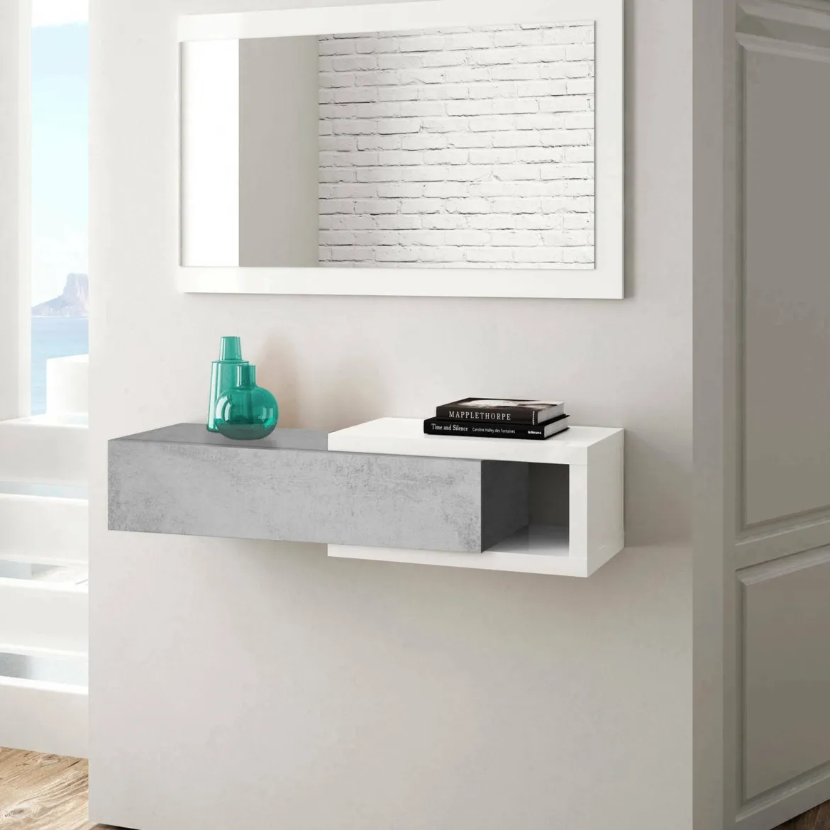 Mobile da ingresso moderno sospeso con cassetto bianco e cemento 95x19h cm - Arty