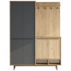Mobile da Ingresso Nero Antracite Marrone Rovere 12 Ripiani Appendiabiti 147x36x196h cm, 4 Ante - Tignale