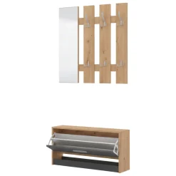 Mobile da Ingresso Nero Antracite Marrone Rovere Nodi Specchio Incluso 3 Ripiani 91.5x28x202h cm, Appendiabiti - Viggiano
