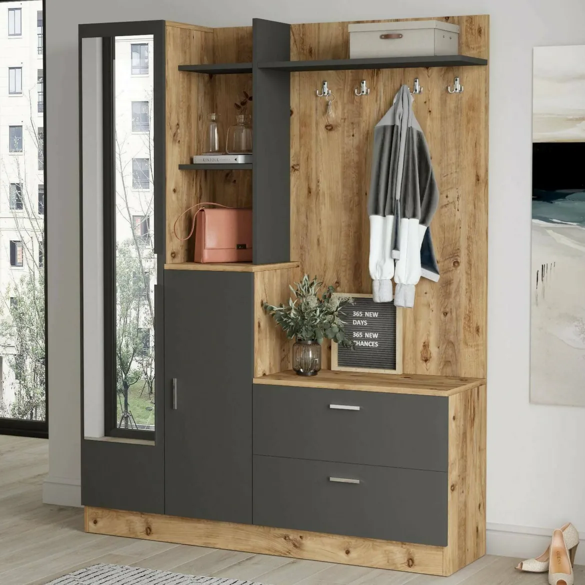Mobile da ingresso porta scarpe 4 ante quercia e antracite 140x181h cm - Anumali
