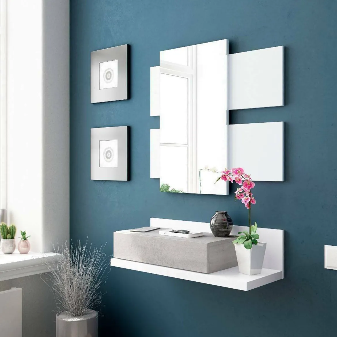 Mobile da ingresso sospeso con cassetto bianco e cemento 75x90h cm - Anro