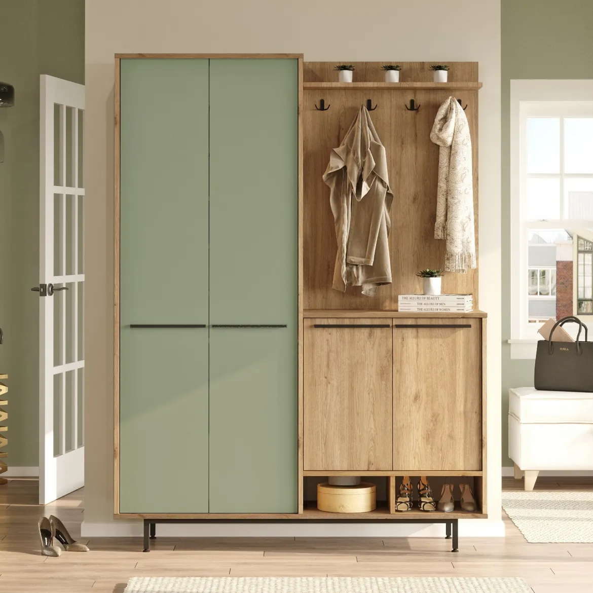 Mobile da Ingresso Verde Salvia Marrone Rovere Appendiabiti 12 Ripiani 147x36x196h cm, Apertura Battente - Tignale