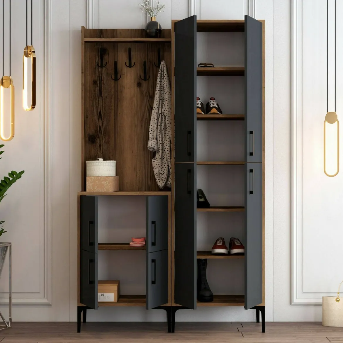 Mobile ingresso 4 ante noce e antracite 120x200h cm - Eufemia