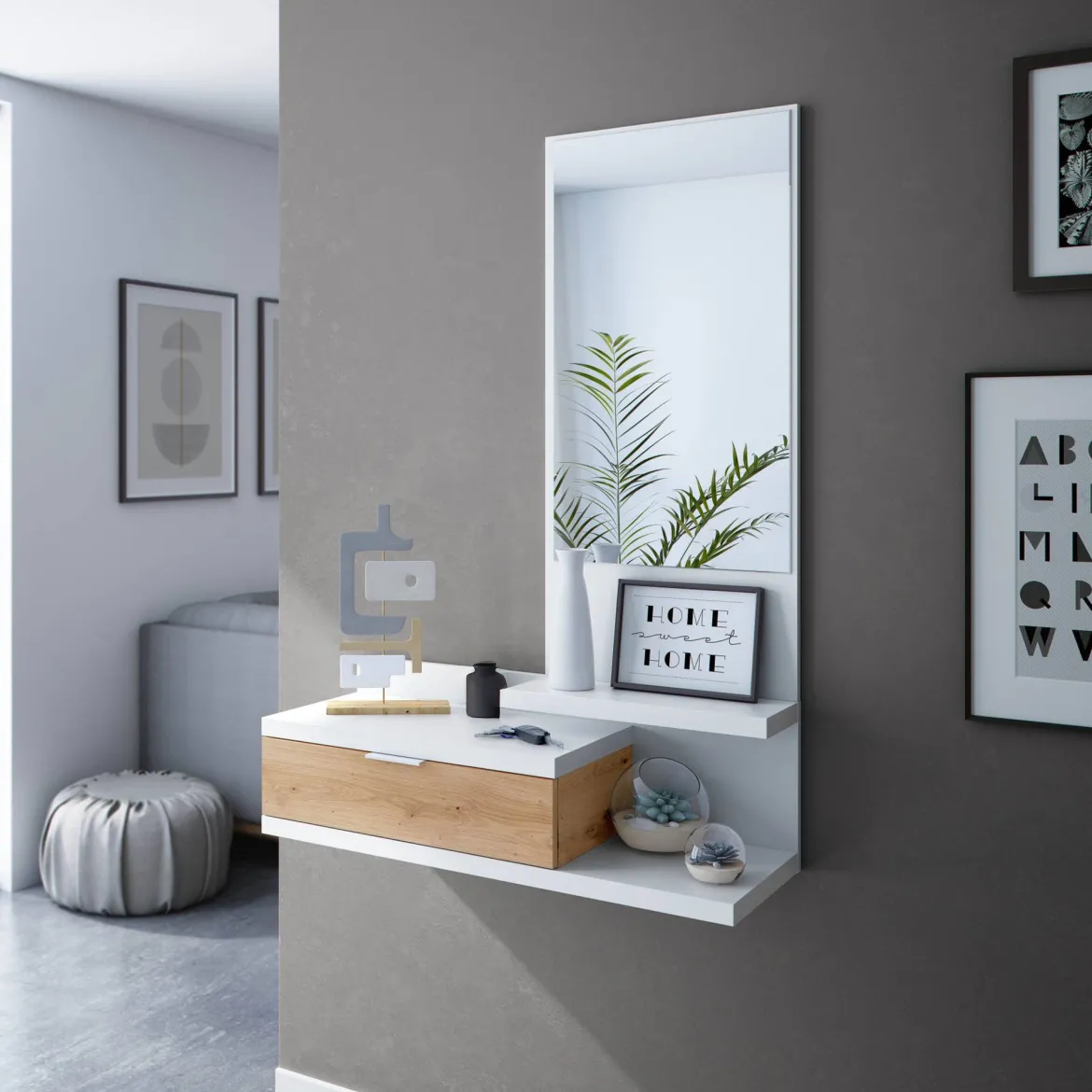 Mobile ingresso sospeso con cassetto bianco e rovere nodi 81x116h cm - Adina
