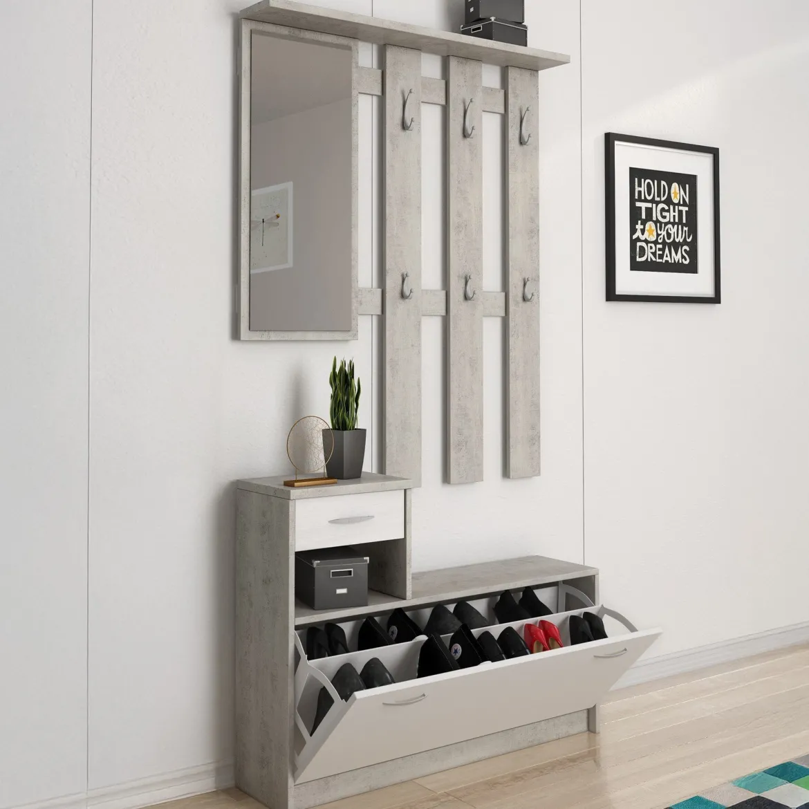 Mobile ingresso sospeso con scarpiera bianco e cemento 100x190h cm - Garolfo